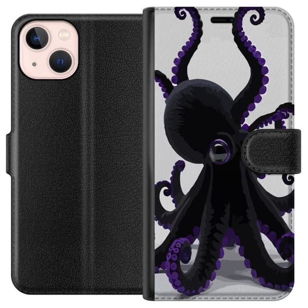 Kompatibel Tegnebogsetui til Apple iPhone 13 mini Sort blæksprutte med lilla detaljer i et elegant havtema mod en lys baggrund sort