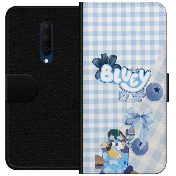 Kompatibel Tegnebogsetui til OnePlus 7T Pro Bluey med blå sløjfe og ternet baggrund blå