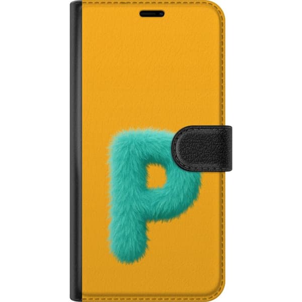 Kompatibel Tegnebogsetui til Samsung Galaxy A32 5G Fluffy bogstav P i turkis med blød pelsstruktur og legende typografi blå
