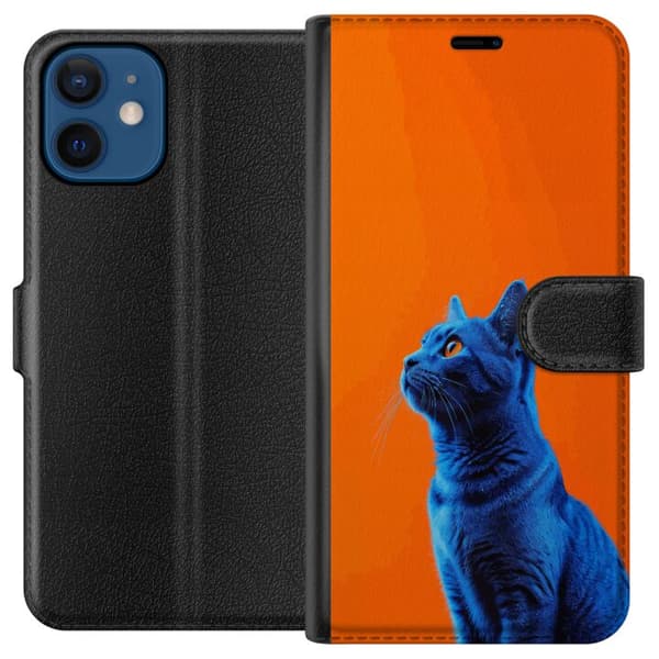 Kompatibel Tegnebogsetui til Apple iPhone 12 mini Blå kat med orange baggrund i moderne popkunststil blå