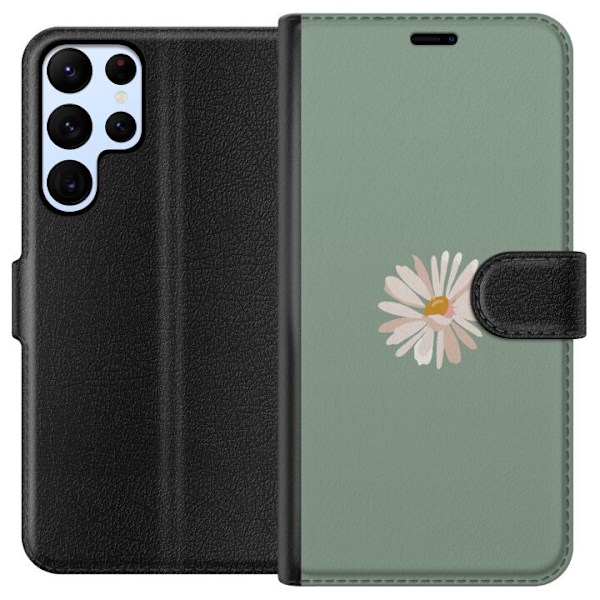 Samsung Galaxy S22 Ultra 5G Plånboksfodral Grön Minimalblomma – stilren blomma på grön bakgrund