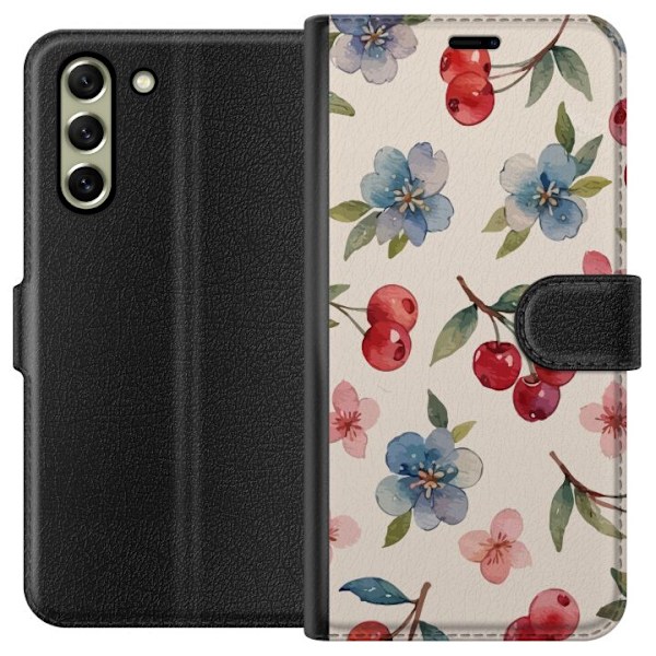 Samsung Galaxy S21 FE 5G Lompakkokotelo Marjat & Kukat - kuvio, jossa on sinisiä kukkia ja metsänmarjoja