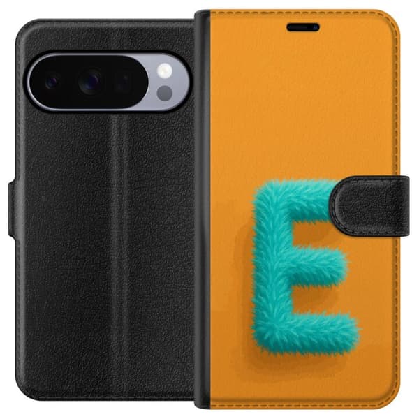 Kompatibel Tegnebogsetui til Google Pixel 11 Pro Turkis loddet bogstav E med blød pelsstruktur på orange baggrund orange