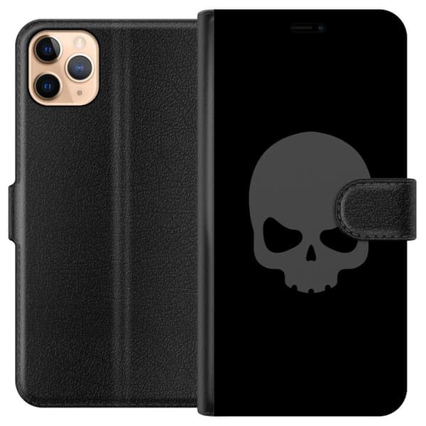 Kompatibel Tegnebogsetui til Apple iPhone 11 Pro Max Enkel dødningehoved i grå tone mod sort baggrund, elegant og moderne design