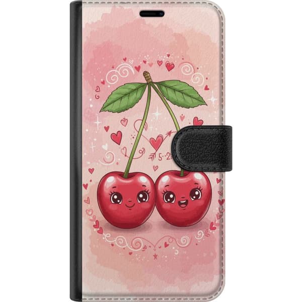 Kompatibel Tegnebogsetui til Google Pixel 9 Pro Rosa motiv med to søde kirsebær, glade ansigter og romantiske hjerter pink
