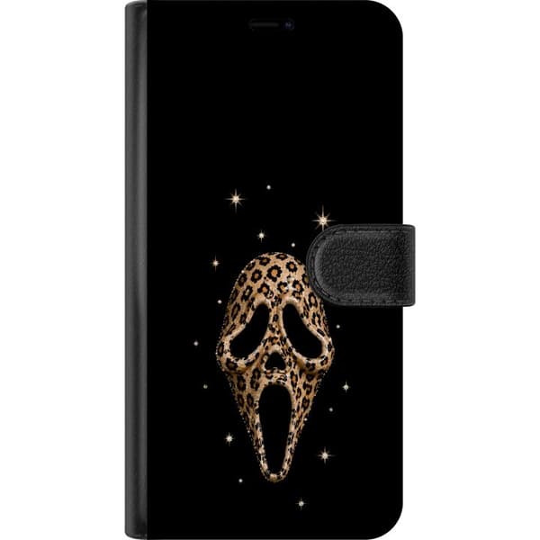 Kompatibel Tegnebogsetui til Apple iPhone 11 Gylden skrækmaske med leopardmønster, glitrende detaljer og stjerner mod en dybsort baggrund sort