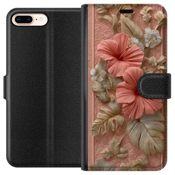 Kompatibel Tegnebogsetui til Apple iPhone 8 Plus Detaljerede blomster i reliefstil med bløde lyserøde og beige farver, elegant design