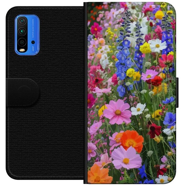 Xiaomi Redmi Note 9 4G Lompakkokotelo Kukkakuvioinen mobiilikuori kesäisellä niityllä ja luontomaisemalla