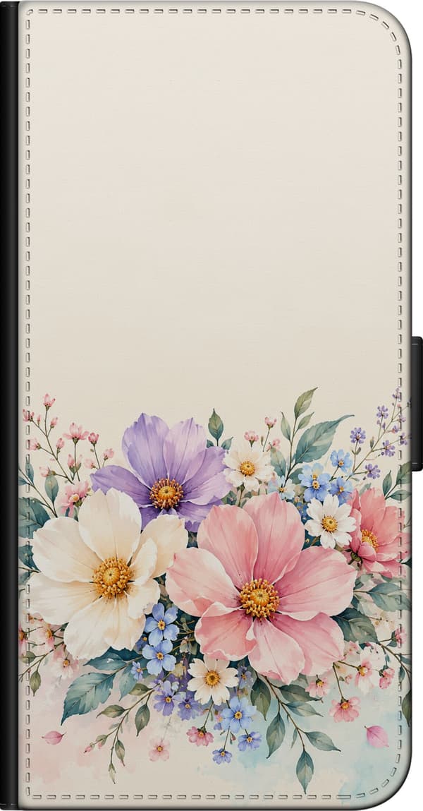 Kompatibel Tegnebogsetui til Huawei P smart 2019 Sommerblomster i pastelfarver – Store hvide og lyserøde blomster med gule midter, små blå og lilla b beige