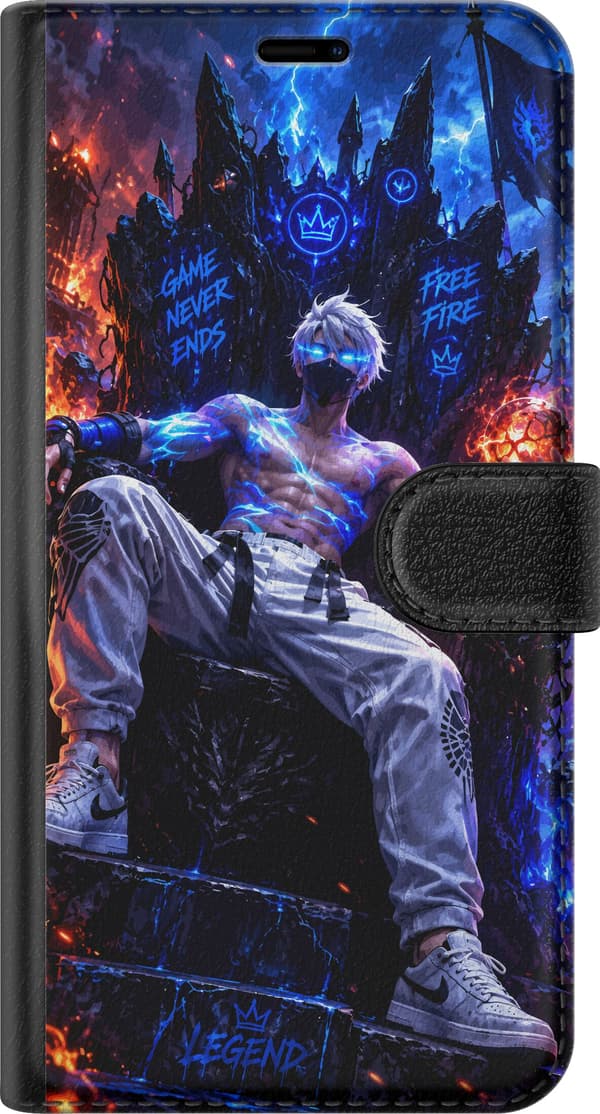 Kompatibelt Plånboksfodral till Samsung Galaxy A71 Vithårig maskerad figur på en tron med blå blixtar och orange eld runtom blå
