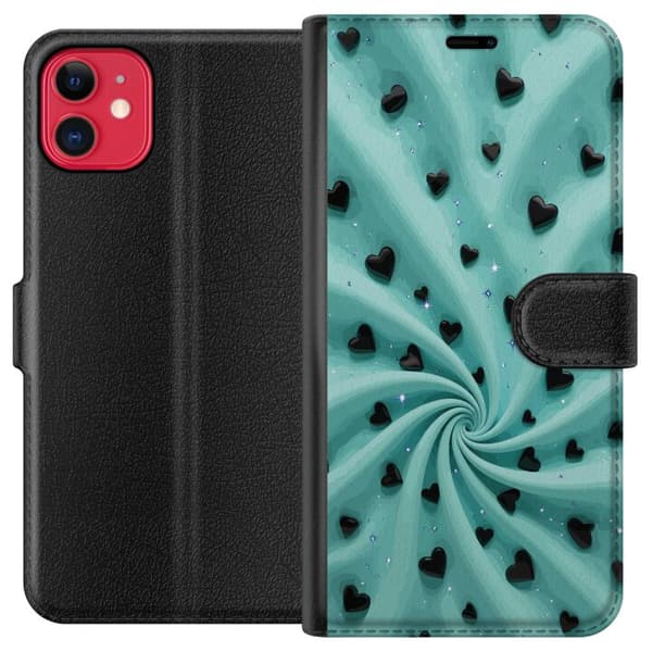 Kompatibel Tegnebogsetui til Apple iPhone 11 Turkis hvirvelbaggrund med sorte hjerter og glitrende stjerner turkis