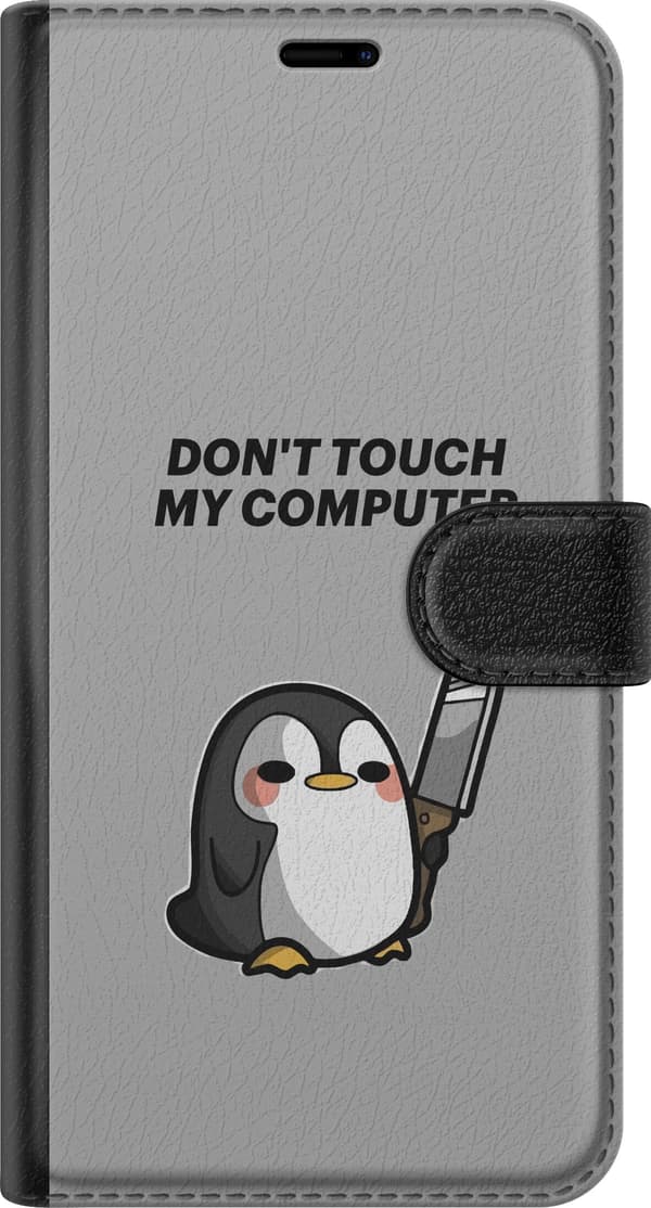 Kompatibelt Plånboksfodral till Apple iPhone 18 Pro Tecknad pingvin med kniv och texten Don't Touch My Computer mot grå bakgrund