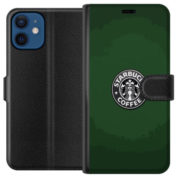Kompatibel Tegnebogsetui til Apple iPhone 12 mini Stilrent rundt kaffemærke i sort og hvidt mod mørkegrøn baggrund grøn