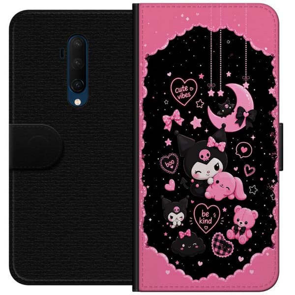 Kompatibel Tegnebogsetui til OnePlus 7T Pro Søde lyserøde og sorte gothfigurer med hjerter, måne, stjerner og positiv tekst sort
