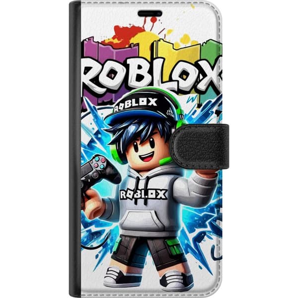 Kompatibel Tegnebogsetui til Apple iPhone 16 Plus Roblox spilkarakter med headset og controller foran farvesprøjt