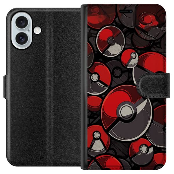 Kompatibel Tegnebogsetui til Apple iPhone 16 Plus Sømløst mønster med røde og sorte Pokébolde rød