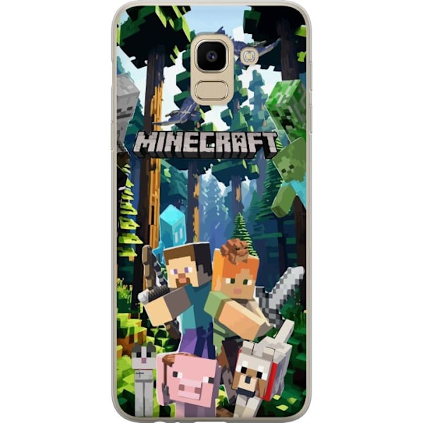 Samsung Galaxy J6 Genomskinligt Skal Minecraft mobilskal med skog och figurer i pixelstil