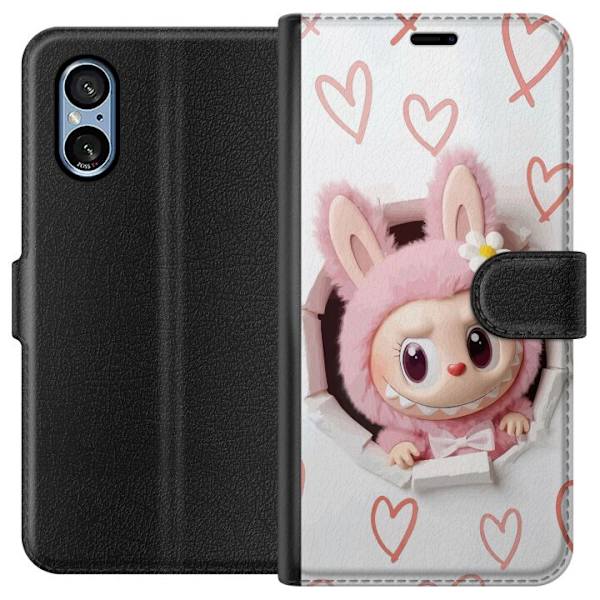 Sony Xperia 5 V Lompakkokotelo Labubu Sydän Taustakuva Pop Mart Rakkausteema Hahmodesign Suosittu Motiivi Keräilytaideteossarja