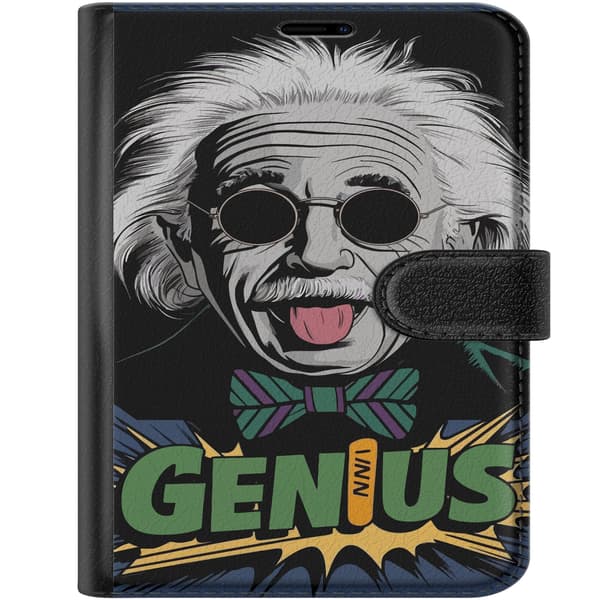 Kompatibelt Plånboksfodral till Apple iPhone Duo Tecknad Albert Einstein med solglasögon, utsträckt tunga och grön Genius-text svart