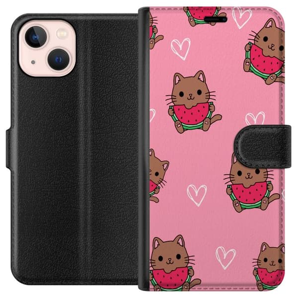Kompatibel Tegnebogsetui til Apple iPhone 13 mini Kat med vandmelon på lyserød baggrund