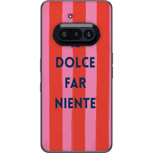 Kompatibelt Mobildeksel til Nothing Phone (3a) Teksten Il Dolce Far Niente i mørkeblått mot håndmalte rosa og røde striper rosa