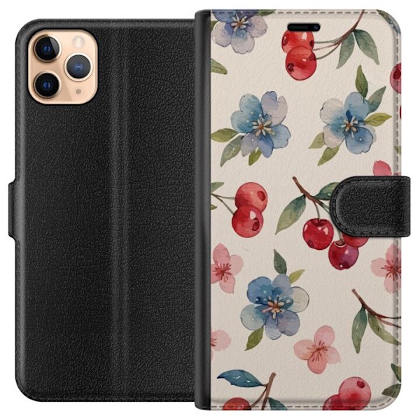 Apple iPhone 11 Pro Max Lompakkokotelo Marjat & Kukat - kuvio, jossa on sinisiä kukkia ja metsänmarjoja