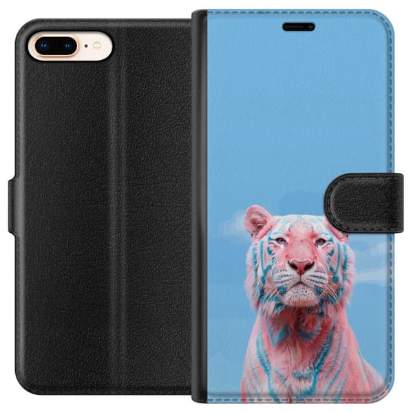 Kompatibel Tegnebogsetui til Apple iPhone 7 Plus Farverig hvid tiger i lyserøde og blå pastelfarver mod en himmelblå baggrund blå