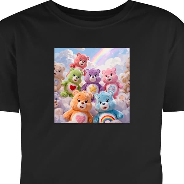 T-shirt til Voksen Sort X-Large Søde farverige bamser med hjerter, stjerne og regnbue blandt bløde skyer sort XL