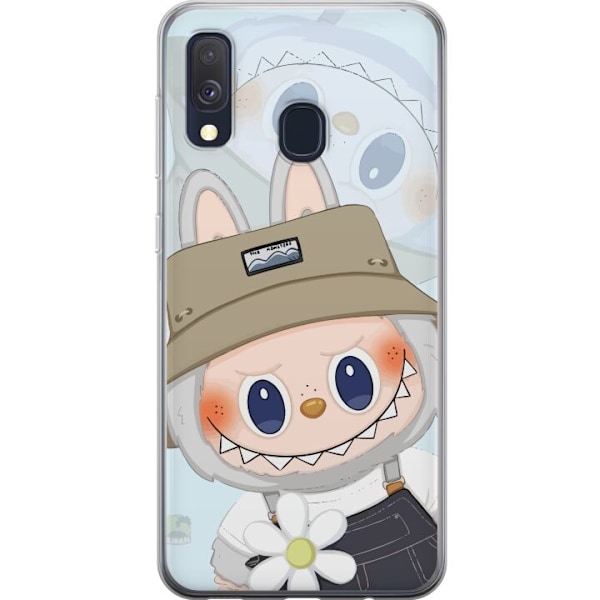 Samsung Galaxy A40 Genomskinligt Skal Labubu med hatt – Pop Mart-figur Mr. Butcher i retro stil med karaktär