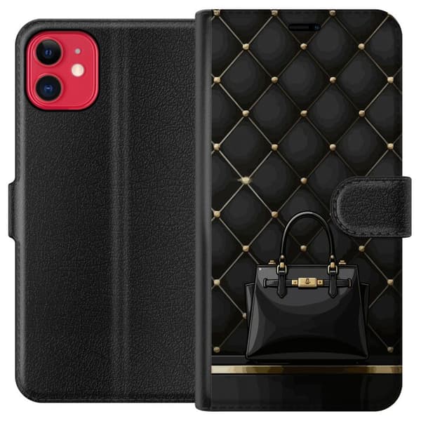 Kompatibel Tegnebogsetui til Apple iPhone 11 Luksuriøs sort taske mod quiltet baggrund