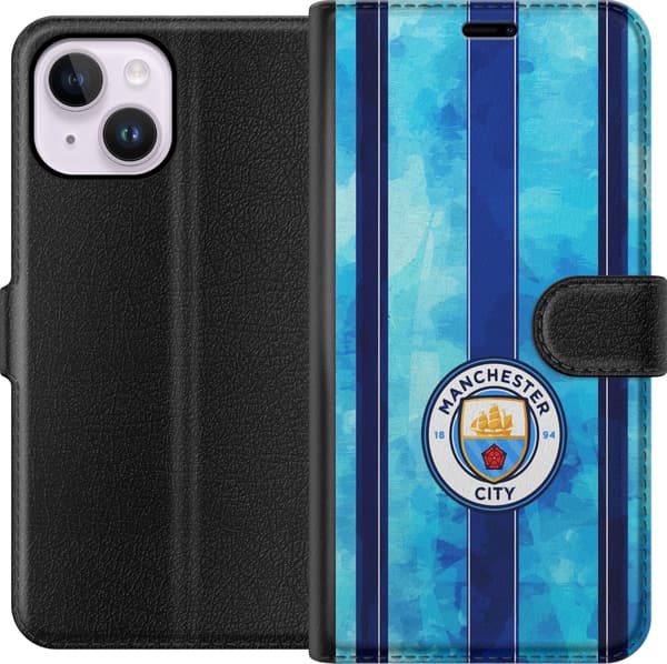 Kompatibel Tegnebogsetui til Apple iPhone 14 Plus Stort cirkelformet fodboldemblem mod lyseblå og mørkeblå lodrette striber med subtil tekstur blå