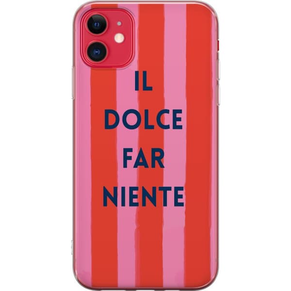 Kompatibelt Mobildeksel til Apple iPhone 11 Teksten Il Dolce Far Niente i mørkeblått mot håndmalte rosa og røde striper rosa