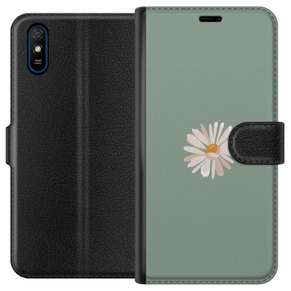 Xiaomi Redmi 9A Lompakkokotelo Vihreä Minimalikukka - tyylikäs kukka vihreällä taustalla