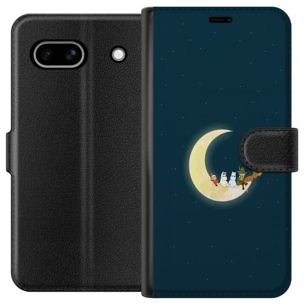 Kompatibelt Plånboksfodral till Google Pixel 7a Mumin och vänner på halvmåne i natthimmel stjärnor drömsk illustration blå