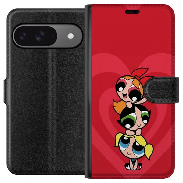 Kompatibel Tegnebogsetui til Google Pixel 9 Pro Powerpuff Pigerne sammen på en rød hjertebaggrund rød