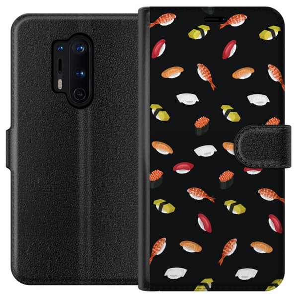 Kompatibel Tegnebogsetui til OnePlus 8 Pro Mønster med sushi, nigiri, rejer og rogn mod sort baggrund sort