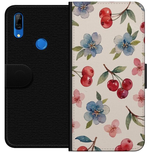 Huawei P Smart Z Lompakkokotelo Marjat & Kukat - kuvio, jossa on sinisiä kukkia ja metsänmarjoja