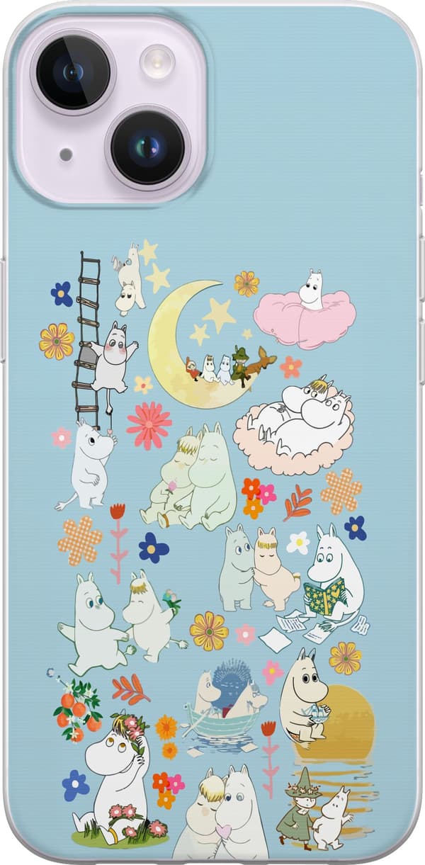 Kompatibelt Mobildeksel til Apple iPhone 14 Plus Mummitrollet og venner blant blomster, måne, skyer og fargerik illustrasjon blå