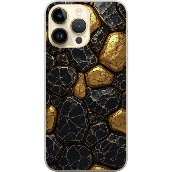 Kompatibel Mobilcover til Apple iPhone 14 Pro Max Dramatisk stenmønster med sorte og guldfarvede sten samt fine gyldne revnelinjer sort