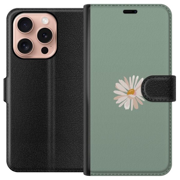 Apple iPhone 16 Pro Plånboksfodral Grön Minimalblomma – stilren blomma på grön bakgrund