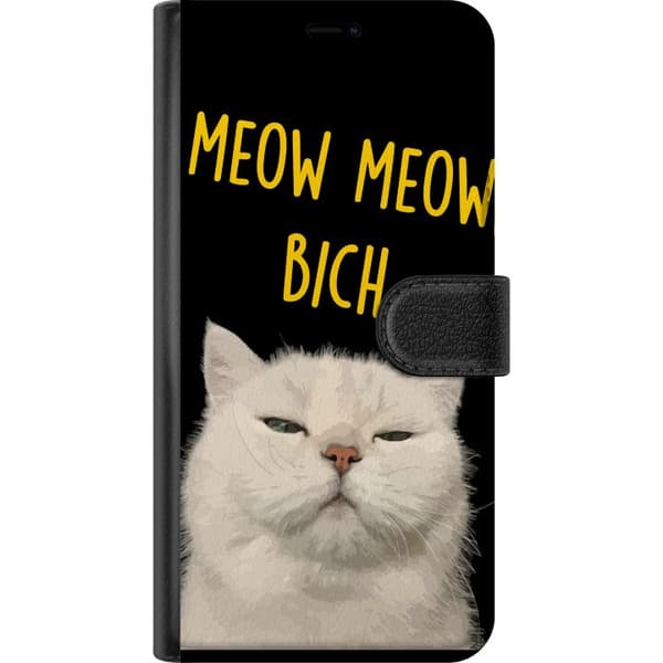 Kompatibel Tegnebogsetui til Apple iPhone XS Max Hvid kat med et kækt udtryk og gul Meow Meow Bich-tekst mod sort baggrund sort