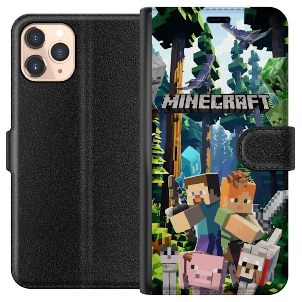 Apple iPhone 11 Pro Plånboksfodral Minecraft mobilskal med skog och figurer i pixelstil