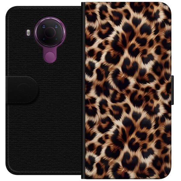 Kompatibel Tegnebogsetui til Nokia 5.4 Nær billede af leopardmønster med bløde pelsdetaljer i brune og sorte nuancer