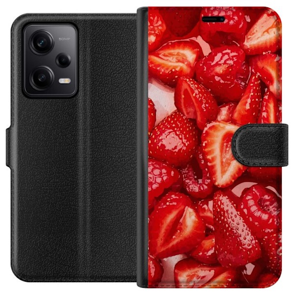 Xiaomi Redmi Note 12 Pro Lompakkokotelo Mansikkakuviointi - makea motiivi kesäfiiliksellä