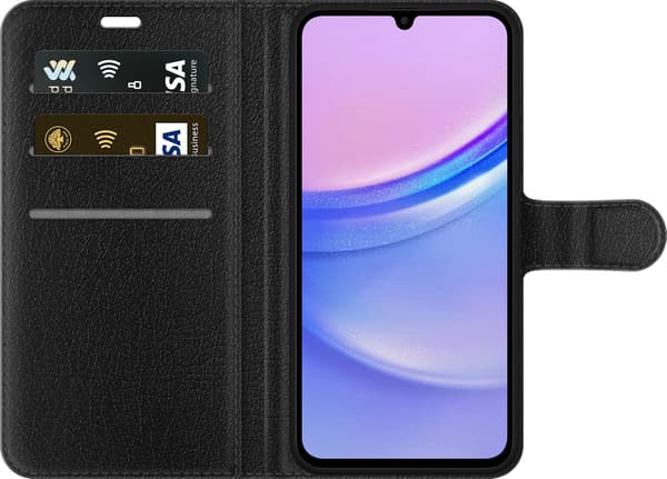 Kompatibel Tegnebogsetui til Samsung Galaxy A15 5G Tegnet Albert Einstein med solbriller, udstrakt tunge og grøn Genius-tekst sort