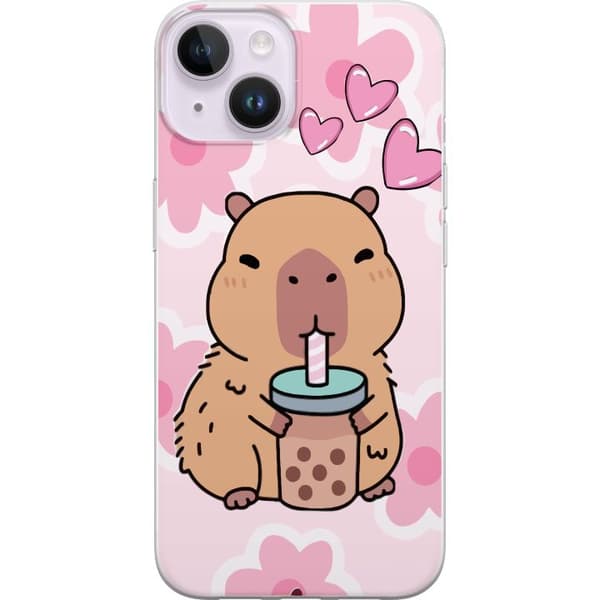 Kompatibelt Mobildeksel til Apple iPhone 14 Plus Søt kapybara som drikker bubble tea med hjerter og rosa blomsterbakgrunn. rosa