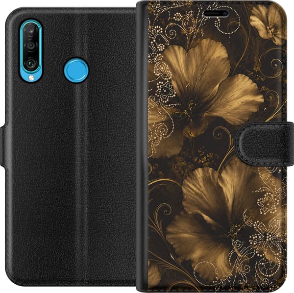 Kompatibel Tegnebogsetui til Huawei P30 lite Guldfarvede blomster guld