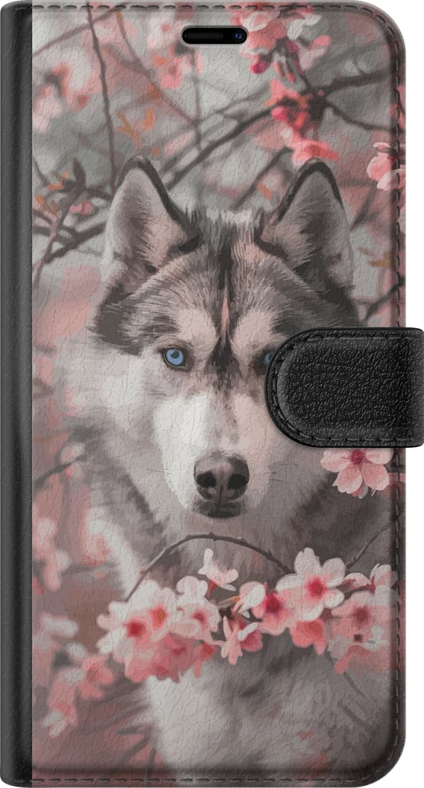 Kompatibelt Lommeboketui til Google Pixel 10a Husky blant rosa blomster - hundemotiv i grått og rosa grå