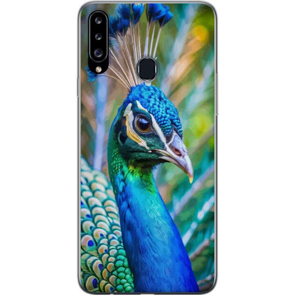 Samsung Galaxy A20s Genomskinligt Skal Påfågel Fjädrar Färgstark Design Fågelmotiv Exotiskt Grafiskt Motiv Natur Lyxig Dekoration
