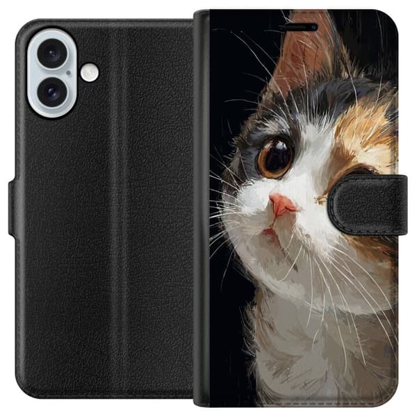 Kompatibel Tegnebogsetui til Apple iPhone 16 Plus Kunstnerisk portræt af trefarvet kat med store brune øjne mod sort baggrund sort
